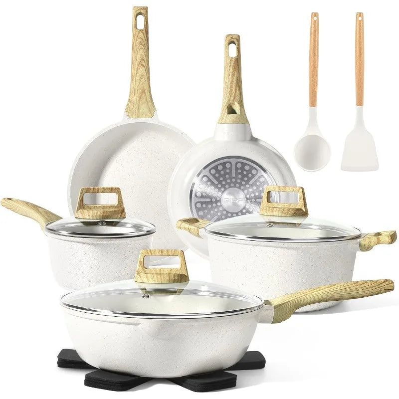 14 Pcs White Granite Kitchen Cookware Sets Nonstick
