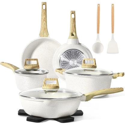 14 Pcs White Granite Kitchen Cookware Sets Nonstick