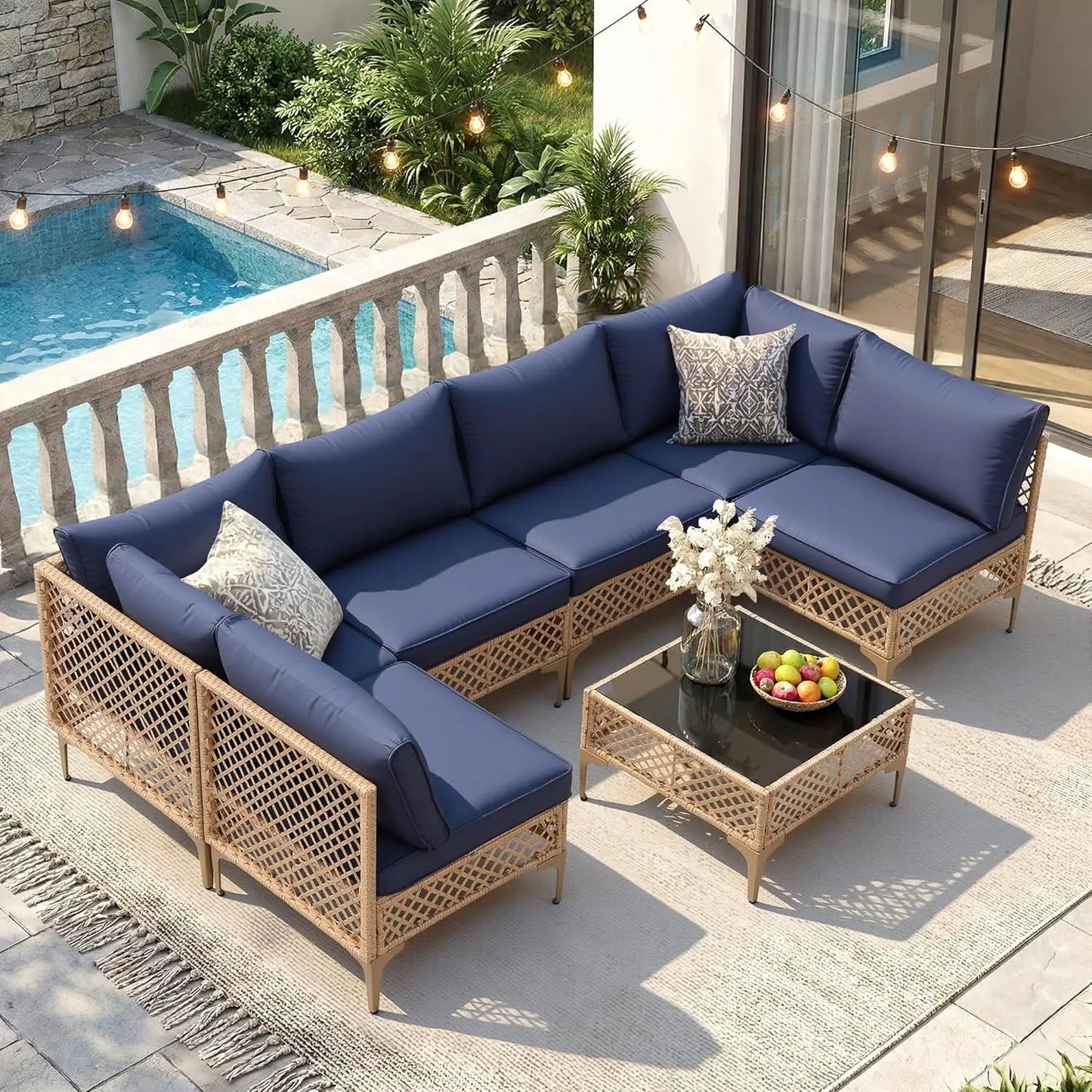7-Piece Wicker Patio Sectional Sofa with Cushions & Table