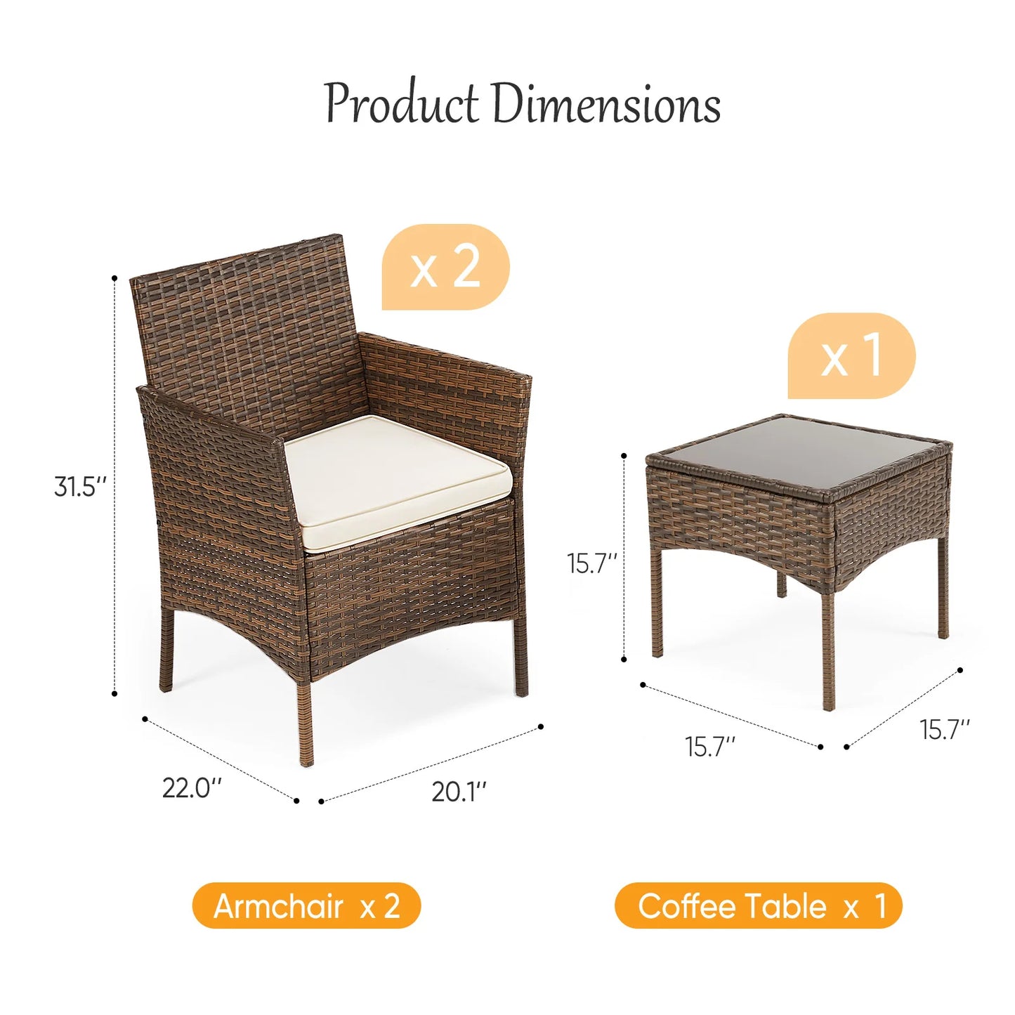 3 Pieces Patio Set Wicker Rattan Chairs with Table