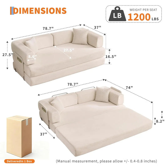 5-in-1 Convertible Sofa Bed,  No Assembly, Multi-Functional Futon