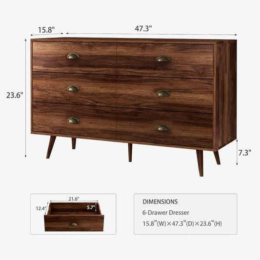 Walnut Brown Dresser for Bedroom, 6 Drawer Dresser Wood