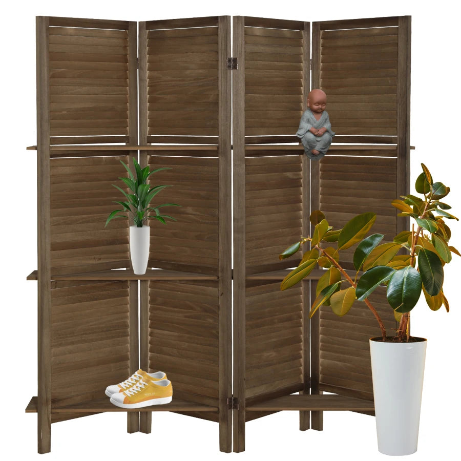 4 Panel Folding Room Divider Screen with Shelves