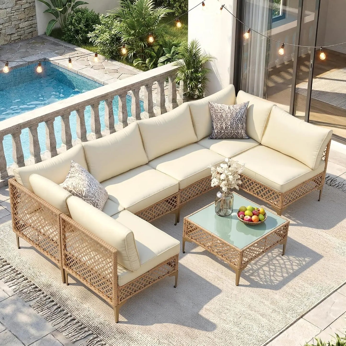 7-Piece Wicker Patio Sectional Sofa with Cushions & Table