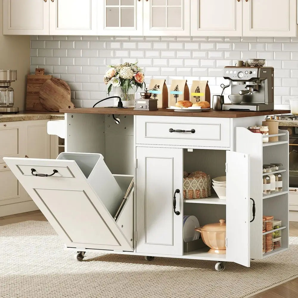 Kitchen Island - Mobile Rolling Cart with Trash Can Storage