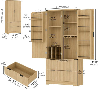 Fluted Pantry Cabinet, Adjustable Shelves, Drawers, Wine Rack