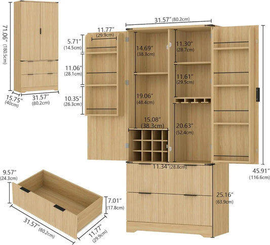 Fluted Pantry Cabinet, Adjustable Shelves, Drawers, Wine Rack