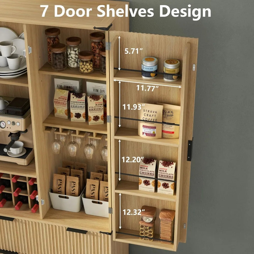 Fluted Pantry Cabinet, Adjustable Shelves, Drawers, Wine Rack