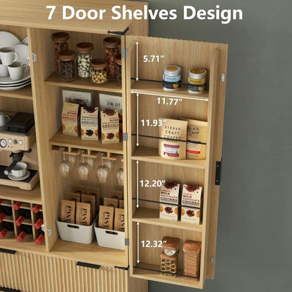 Fluted Pantry Cabinet, Adjustable Shelves, Drawers, Wine Rack