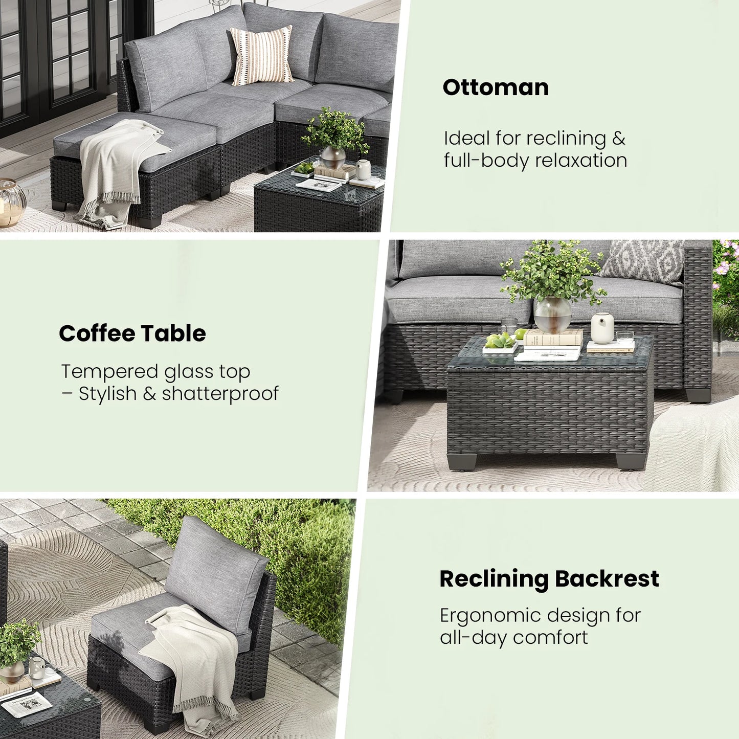 Patio Sectional Sofa Set, Outdoor Furniture with Ottoman