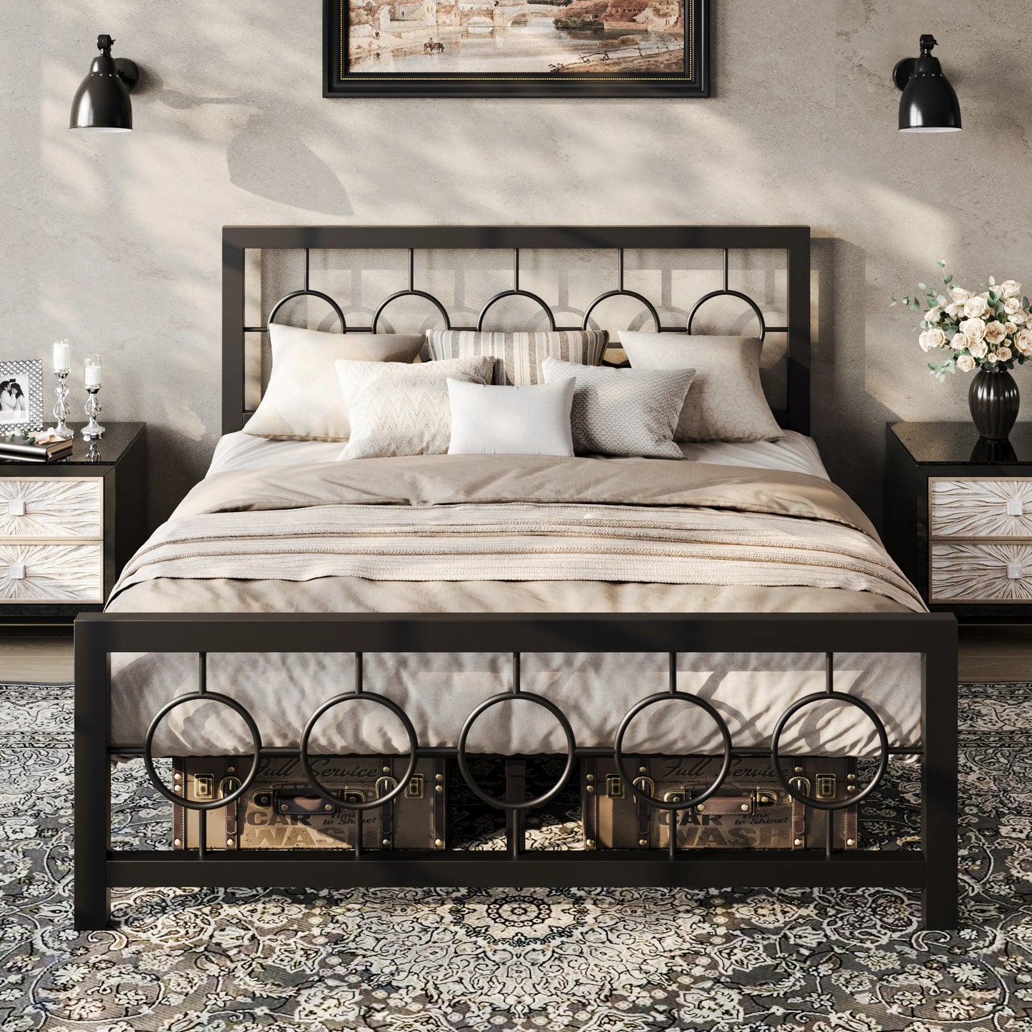 Metal Bed Frame with Vintage Head and Footboard,
