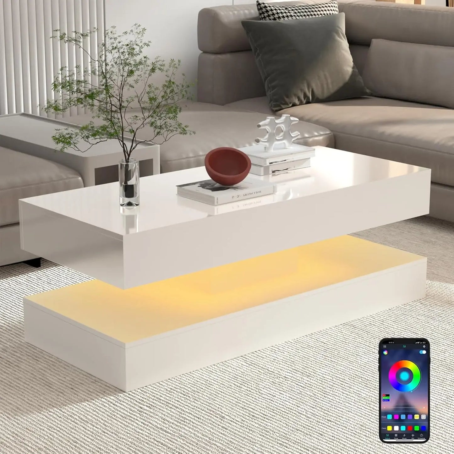 Stylish Coffee Table with LED lights, Double-Layer w/Drawers