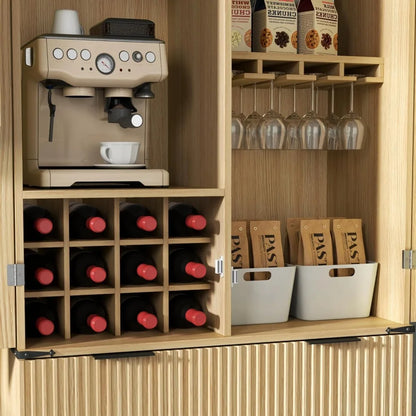 Fluted Pantry Cabinet, Adjustable Shelves, Drawers, Wine Rack