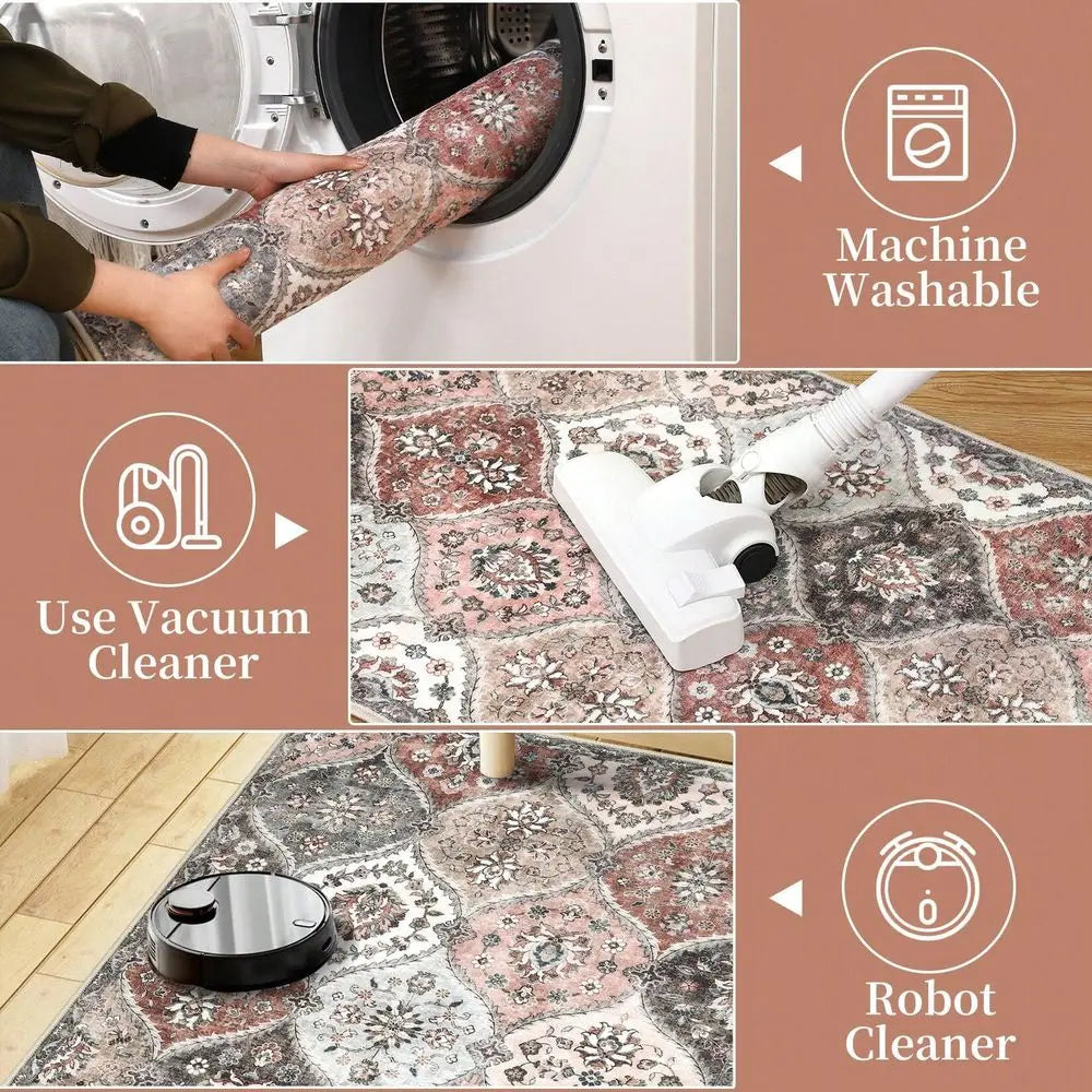 Moroccan Printed Rug Low Pile Rug Distressed  Rugs