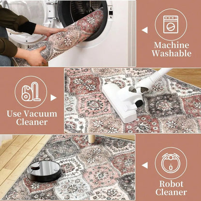 Moroccan Printed Rug Low Pile Rug Distressed  Rugs