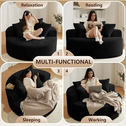 Oversized Round Chair Lounge Chaise Indoor, Upholstered Corduroy Deep Seat Cloud Large Circle Sofa Chair
