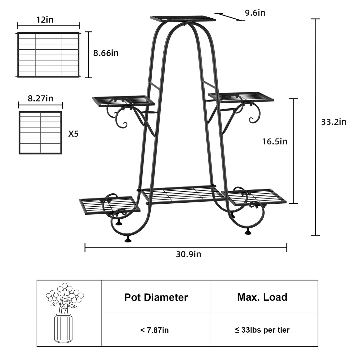 6 Tiers Metal Plant Stand Flower Anti-rust  Black