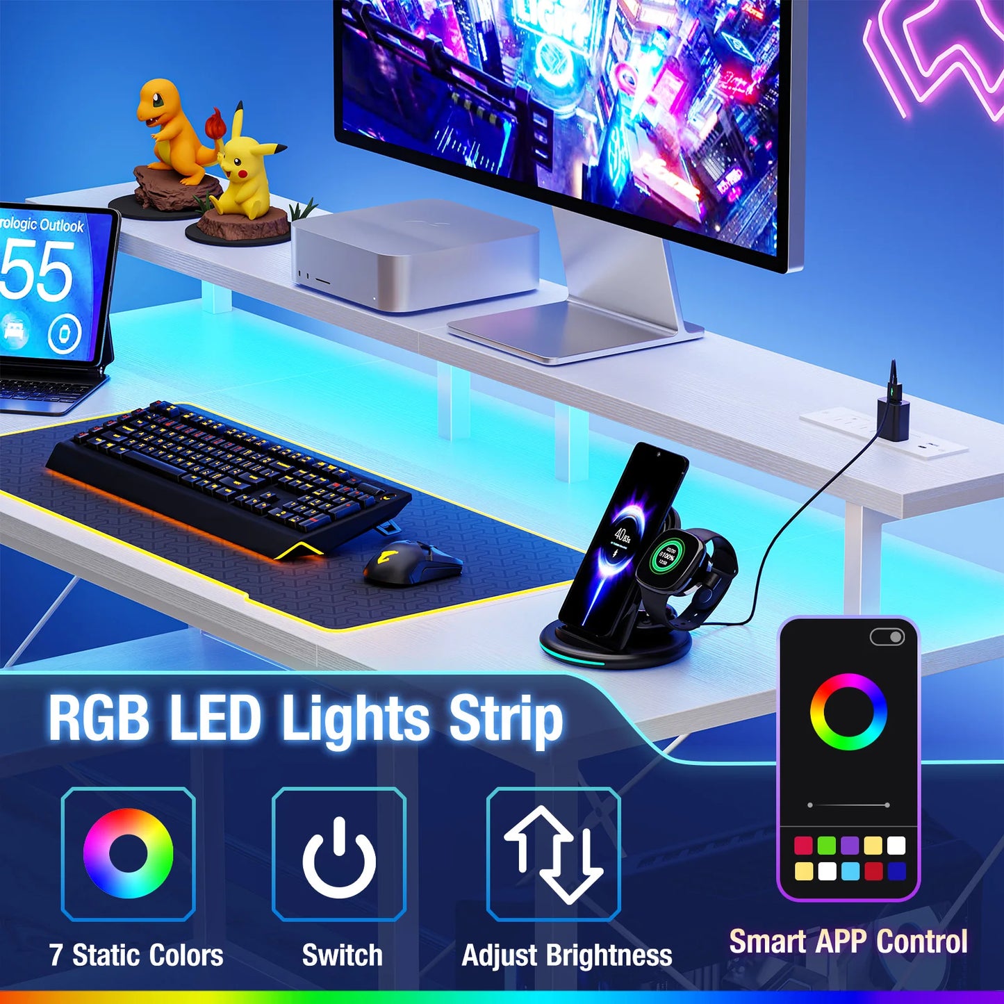 48 Inch Computer Desk with Shelves with LED Lights