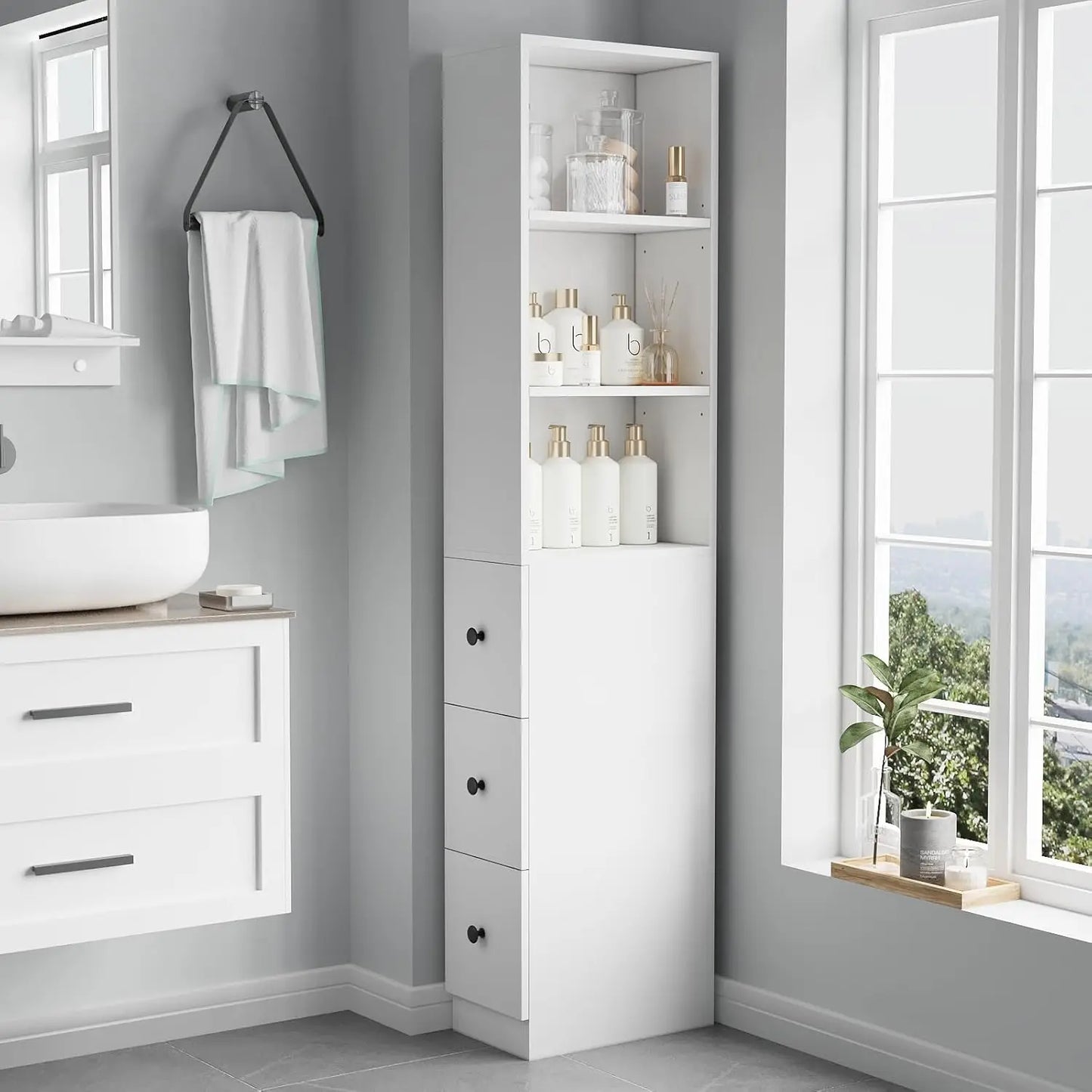 Storage Cabinet Tall Narrow Bathroom  Adjustable Shelves