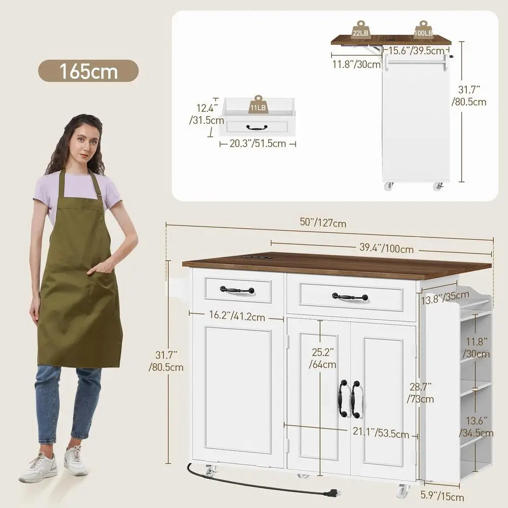 Kitchen Island - Mobile Rolling Cart with Trash Can Storage