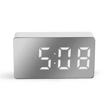 1Pc White LED Mirror Table Clock Snooze Display Time