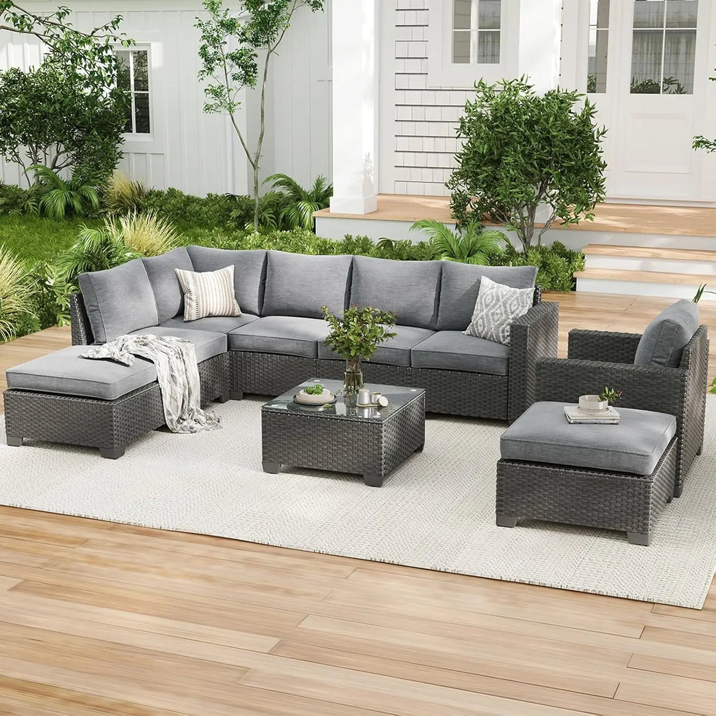 Patio Sectional Sofa Set, Outdoor Furniture with Ottoman