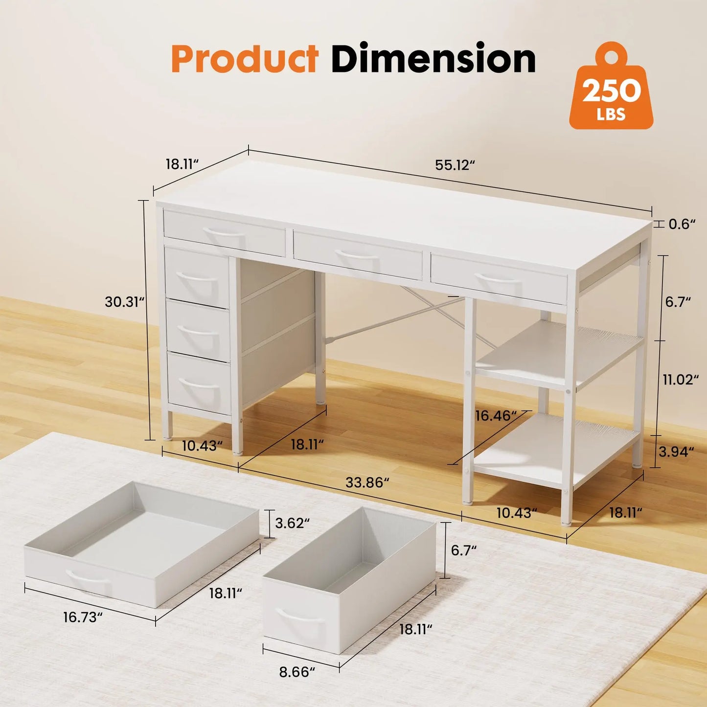 Computer Desk with 6 Drawers, Shelves for Home Office