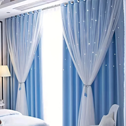 2 Panel Sheer Girls Curtains, Princess Curtains Hollow Stars