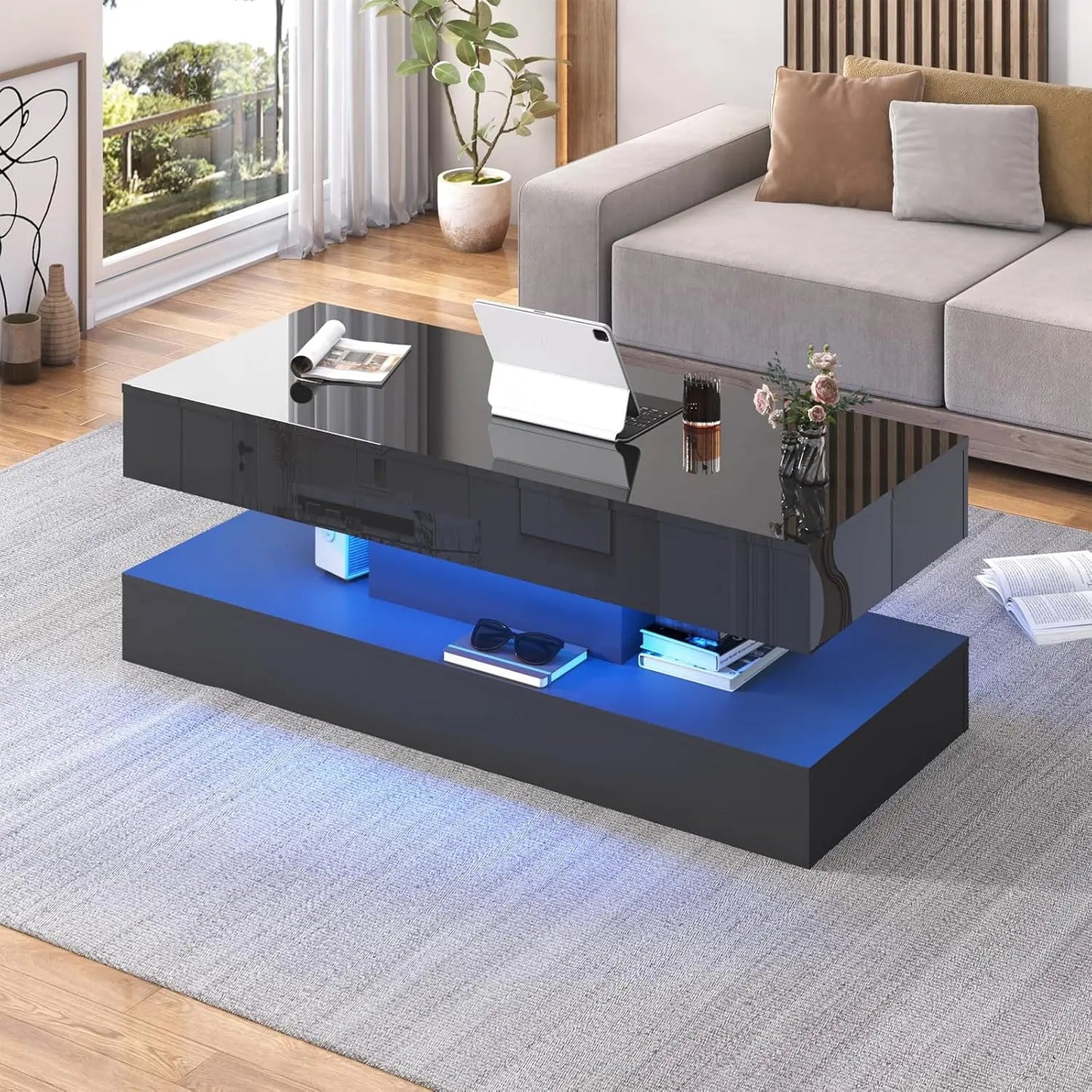 Stylish Coffee Table with LED lights, Double-Layer w/Drawers