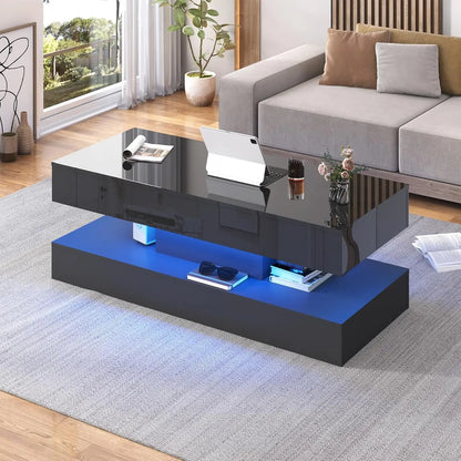 Stylish Coffee Table with LED lights, Double-Layer w/Drawers