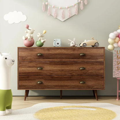 Walnut Brown Dresser for Bedroom, 6 Drawer Dresser Wood