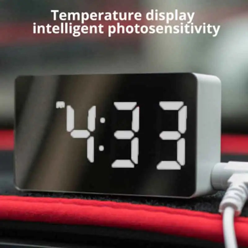 1Pc White LED Mirror Table Clock Snooze Display Time