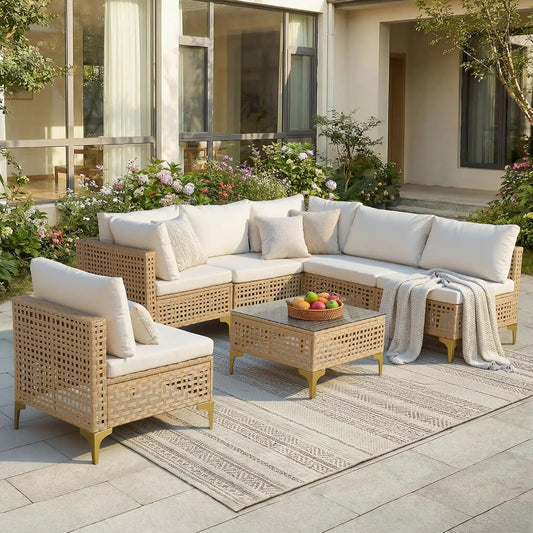 7-Piece Wicker Patio Sectional Sofa with Cushions & Table