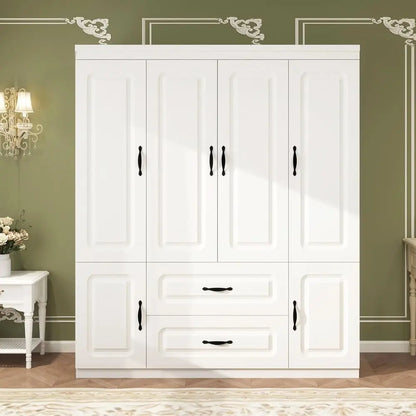 Large White Wooden 4-Door Wardrobe with 2 Drawers, Hanging Rails, and Shelves for Storage