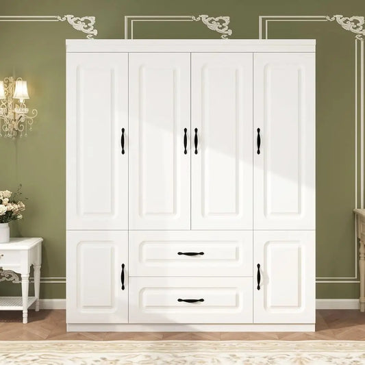 Large White Wooden 4-Door Wardrobe with 2 Drawers, Hanging Rails, and Shelves for Storage