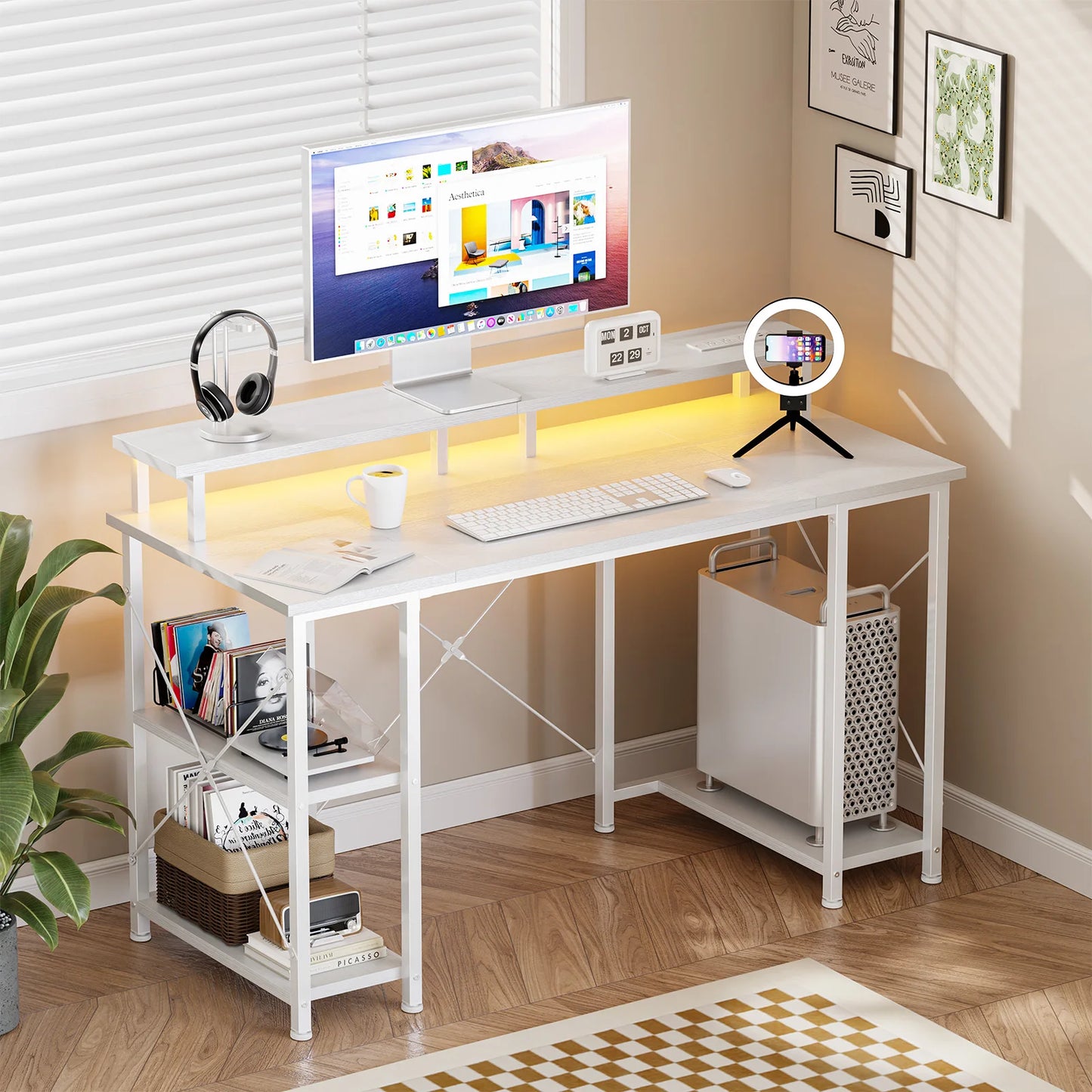 48 Inch Computer Desk with Shelves with LED Lights