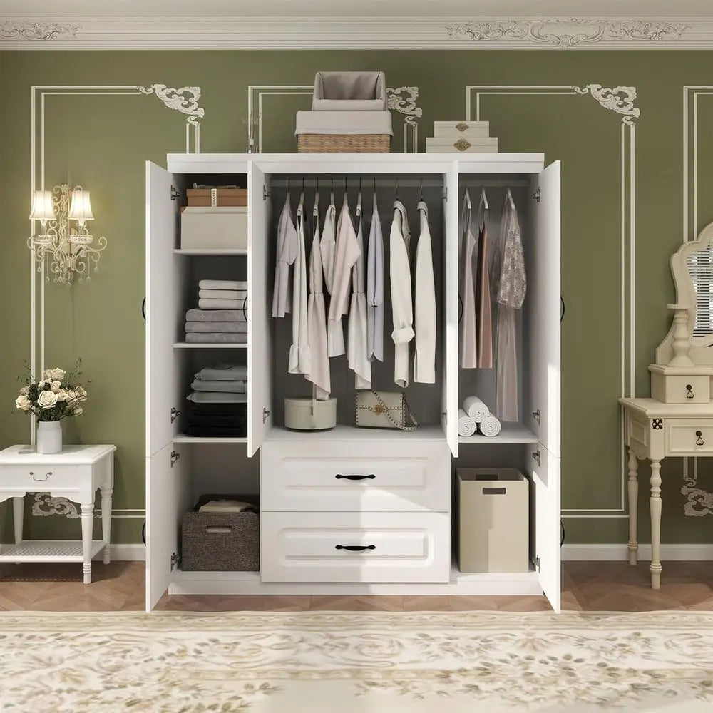 Large White Wooden 4-Door Wardrobe with 2 Drawers, Hanging Rails, and Shelves for Storage