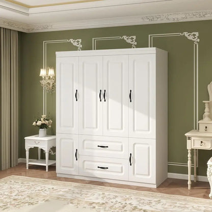 Large White Wooden 4-Door Wardrobe with 2 Drawers, Hanging Rails, and Shelves for Storage