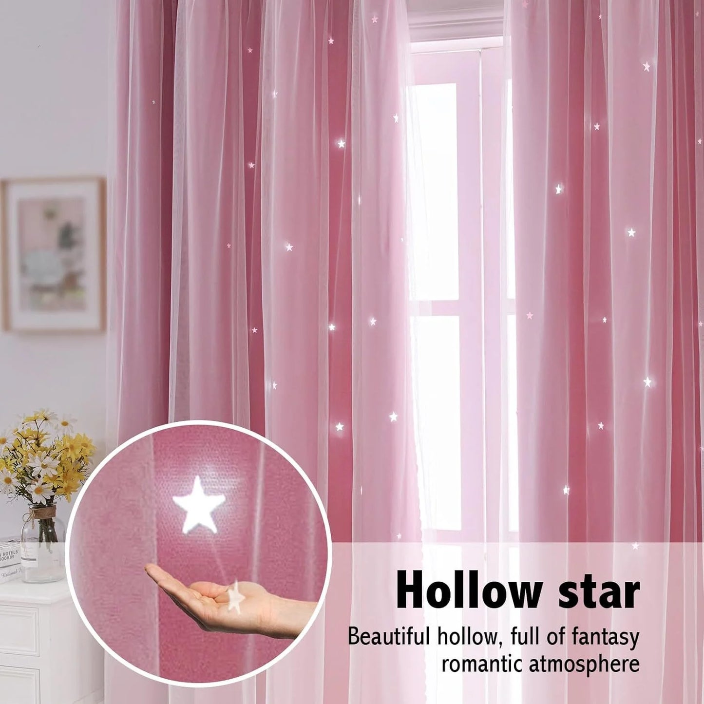 2 Panel Sheer Girls Curtains, Princess Curtains Hollow Stars