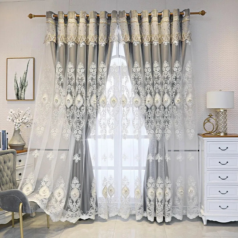 1PC Curtains,Luxury vintage-style embroidered curtains with 3D relief patterns, dual-layer design for privacy