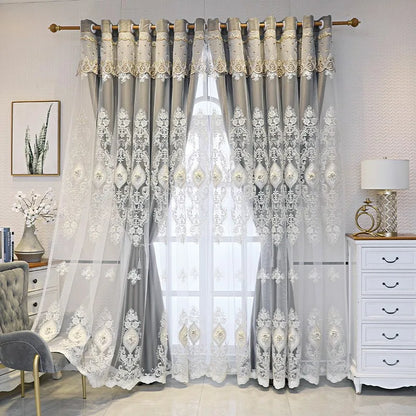 1PC Curtains,Luxury vintage-style embroidered curtains with 3D relief patterns, dual-layer design for privacy