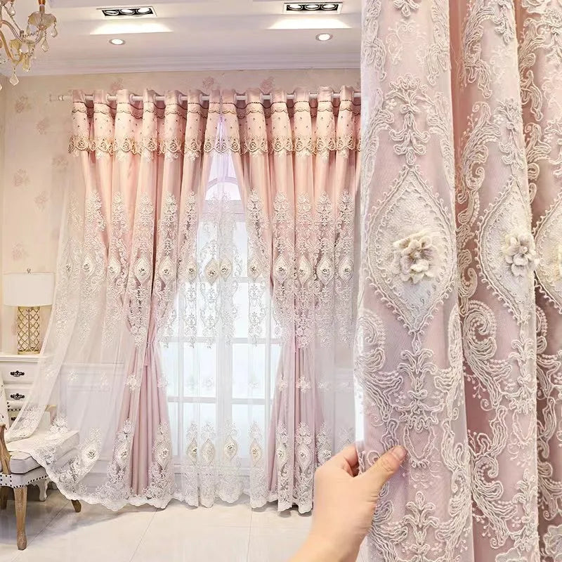 1PC Curtains,Luxury vintage-style embroidered curtains with 3D relief patterns, dual-layer design for privacy