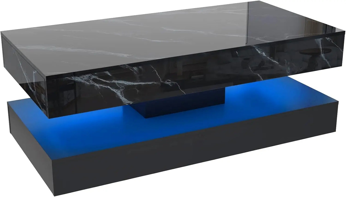 Stylish Coffee Table with LED lights, Double-Layer w/Drawers