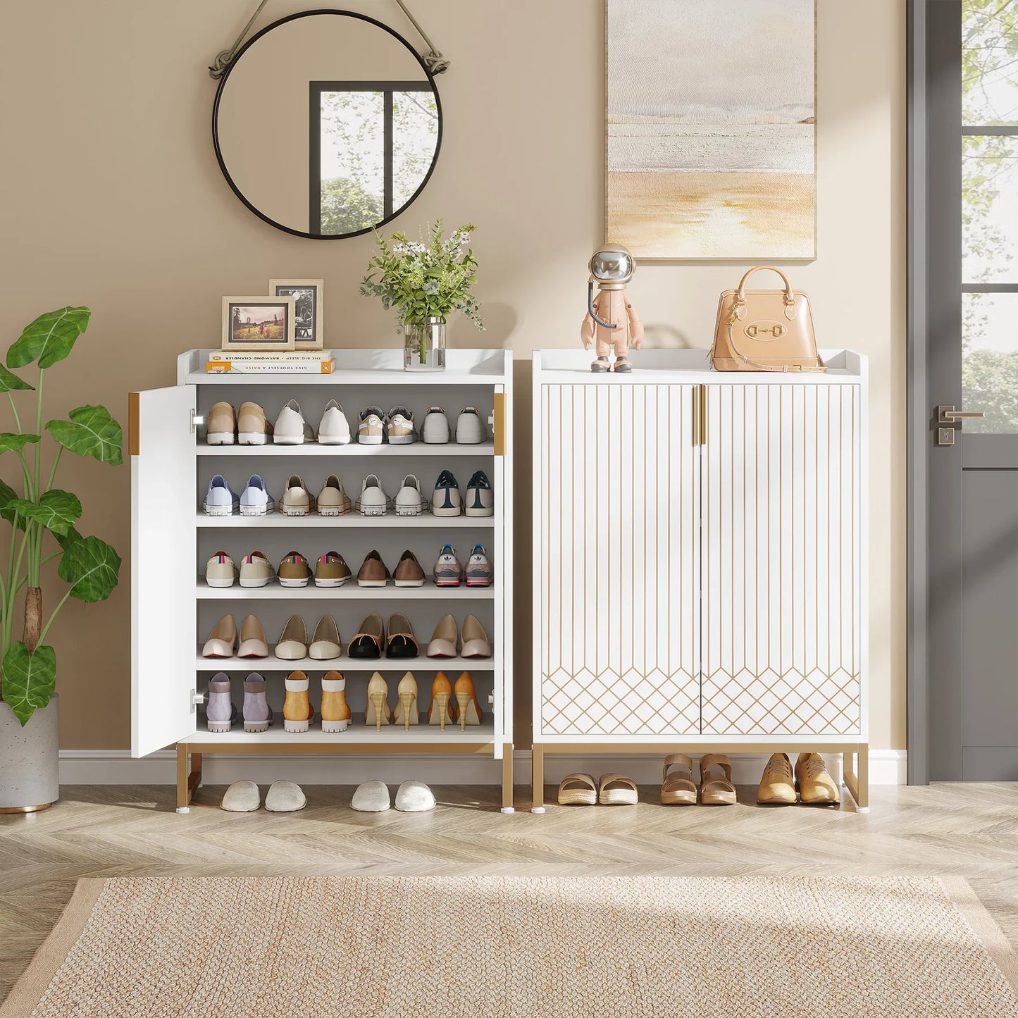 White Shoe Cabinets with Doors, 5-Tier Shoe Rack,