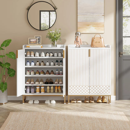 White Shoe Cabinets with Doors, 5-Tier Shoe Rack,