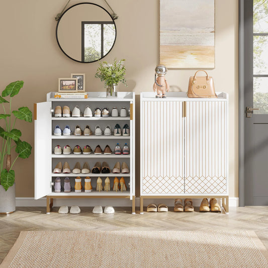 White Shoe Cabinets with Doors, 5-Tier Shoe Rack,