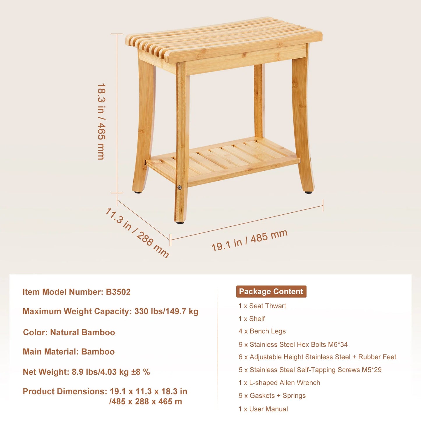 Bamboo Shower Bench  Waterproof Shower Stool, Chair