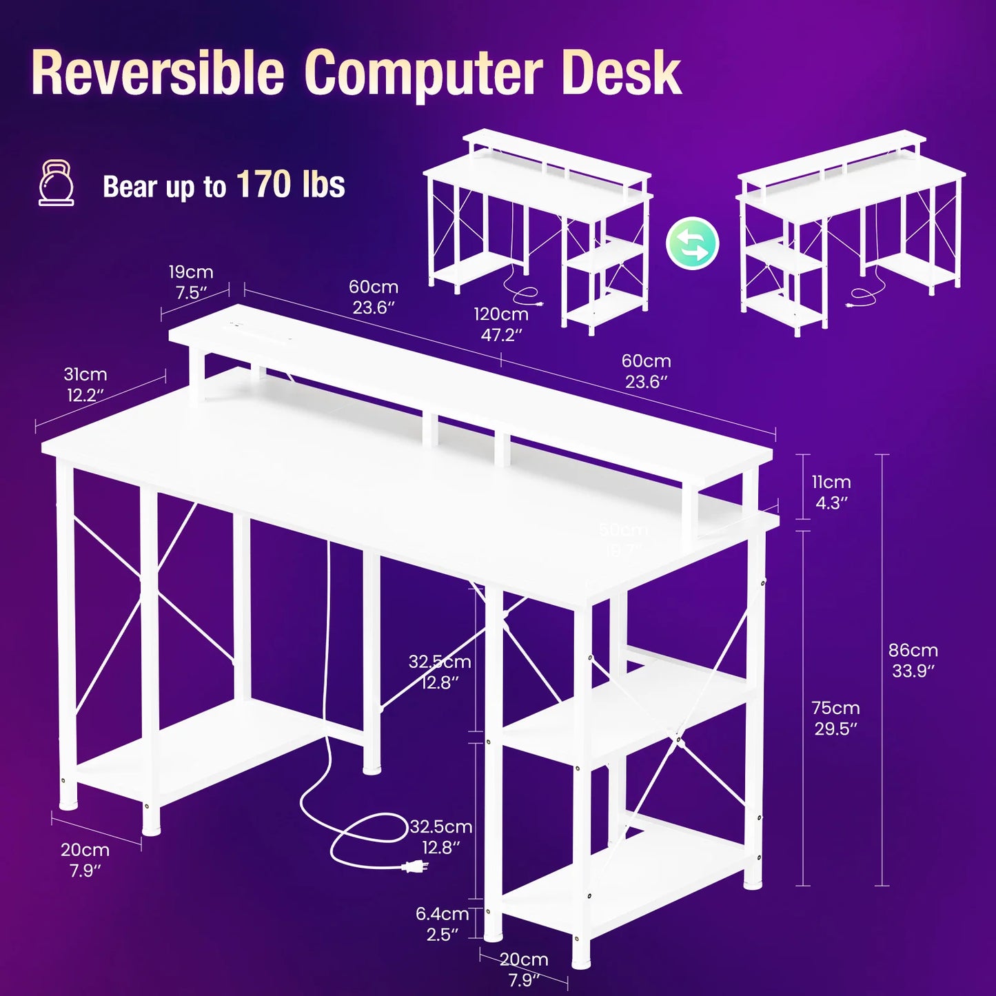 48 Inch Computer Desk with Shelves with LED Lights