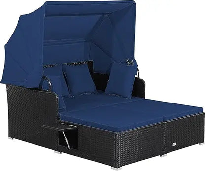 Patio Rattan Daybed Wicker  Lounger w/Retractable Canopy
