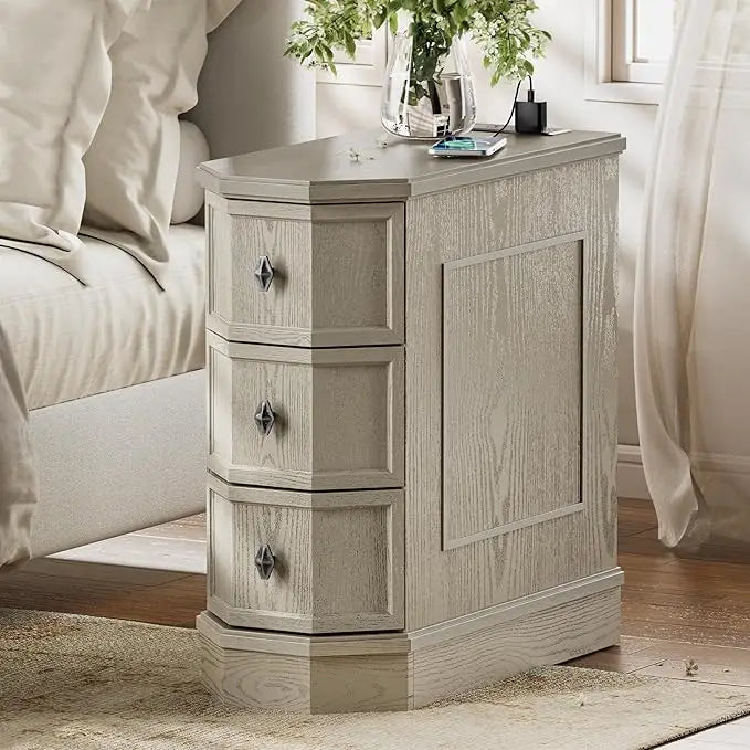 Nightstand with Charging Station Vintage Wood End Table